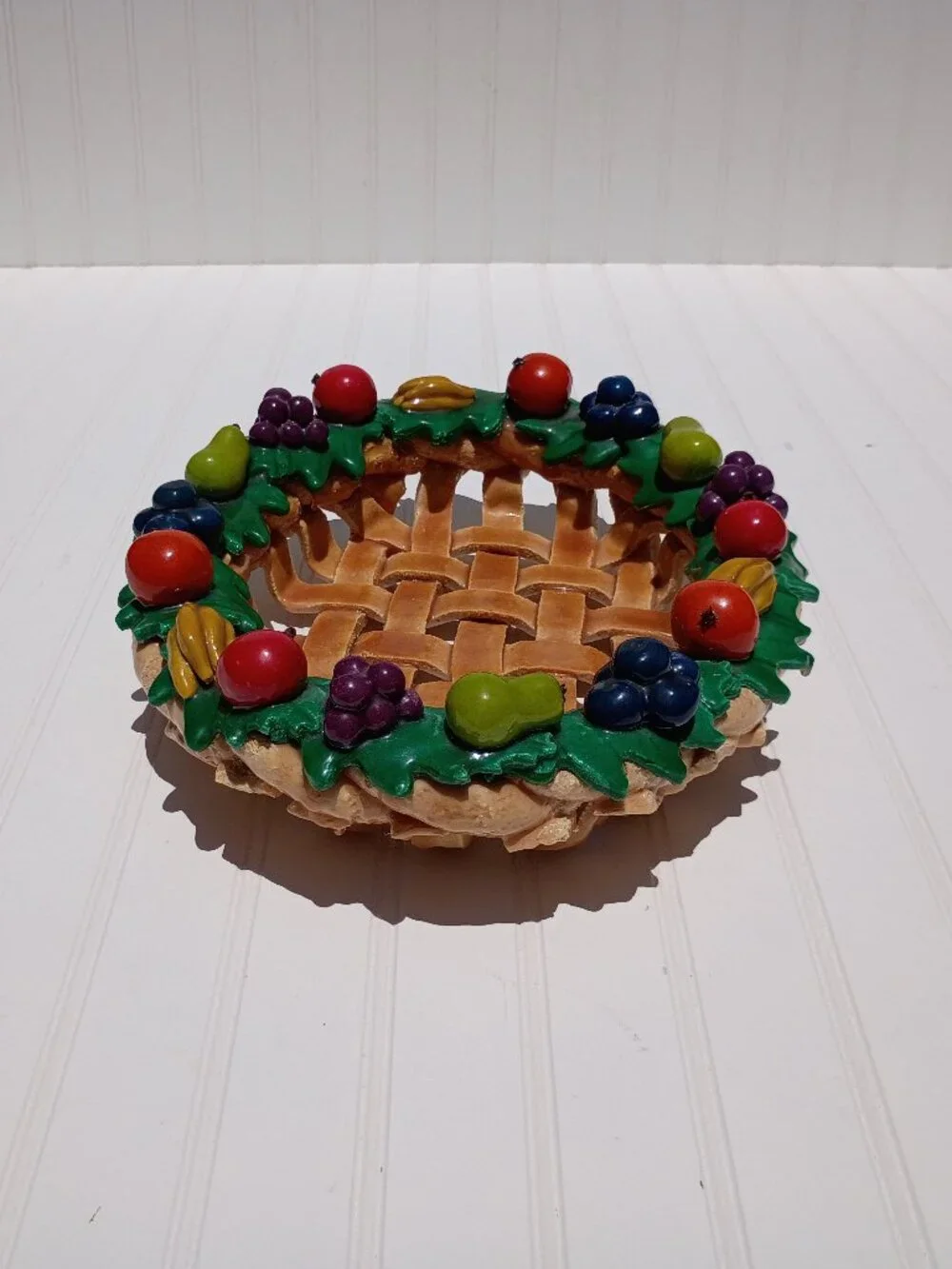 Vintage Salt Bread Dough Fruit Basket Woven Folk Art Centerpiece Bowl Handmade